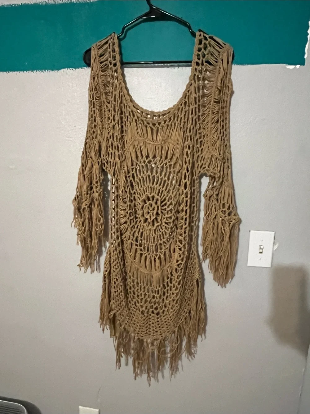 Plus size Hand-Crocheted Boho Fringe Tunic Sweater in Camel - Picture 2 of 8